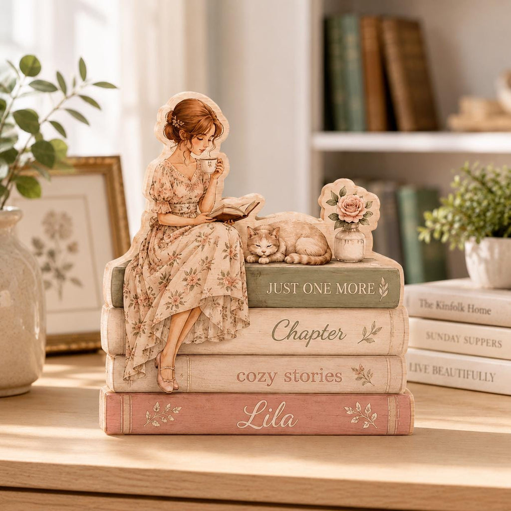 Personalized Reading Girl Wooden Block, Custom Book Lover Gift, Cozy Library Shelf Sitter, Floral Reader Desk Decor, Name Sign