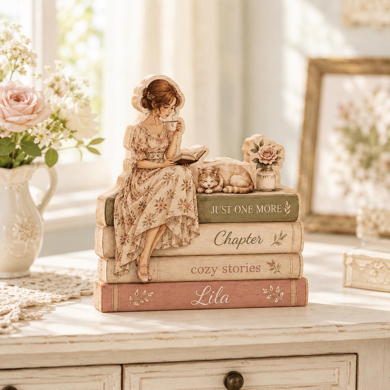 Personalized Reading Girl Wooden Block, Custom Book Lover Gift, Cozy Library Shelf Sitter, Floral Reader Desk Decor, Name Sign